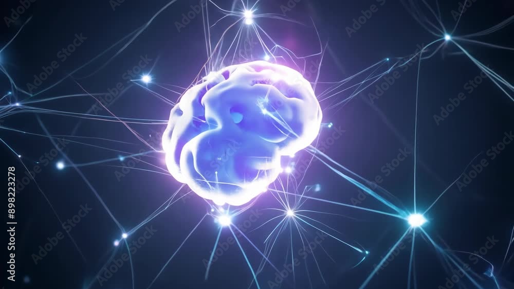Poster animated brain with network of glowing lines