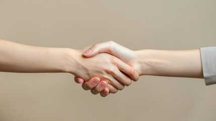  A tight shot of one person shaking hands with another, background includes an extended arm