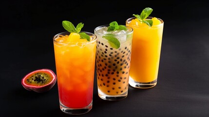 Fototapeta premium Three glasses of different colored drinks with a garnish on top. The drinks are orange, red, and yellow