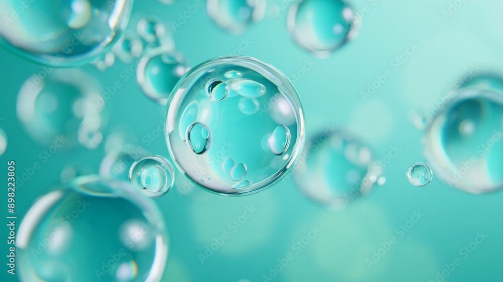Poster a series of bubbles floating in the air, each one a different size and shape. the bubbles are all cl