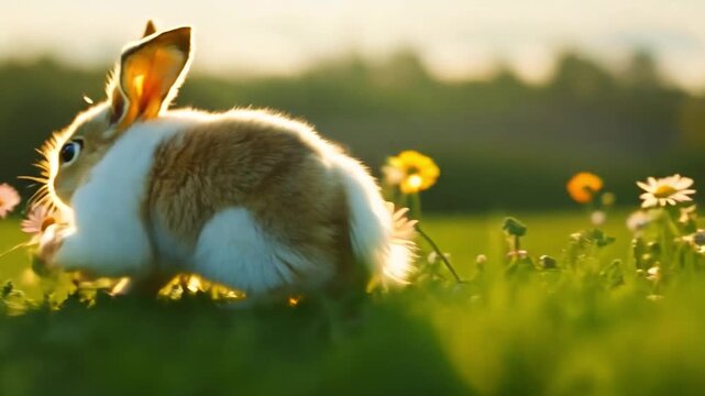 A rabbit hopping across a green lawn, with flowers in the background.