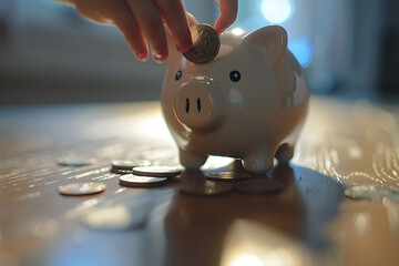 A piggy bank and a hand dropping coins into it, symbolizing saving for a dream. The scene captures the concept of financial planning, goal setting, and the importance of saving money for future aspira