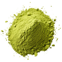 Obraz premium Top view green powder, Heap of green matcha tea powder isolated on transparent white background, clipping path