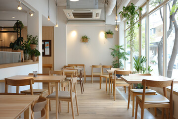 Fototapeta premium A cafe with wooden tables and chairs, white walls