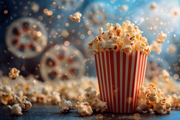Popcorn in a Red and White Striped Bucket with Blurred Film Reels in the Background