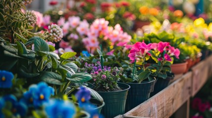 Naklejka premium Colorful flowers in pots displayed on a wooden table