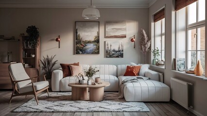 living room with modular white sofa interior design concept, Home styling 3d illustration template image.