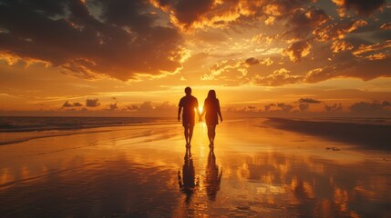 Fototapeta premium A few individuals stroll on the beach beneath a cloud-filled sky, the sun intermittently emerging through the clouds
