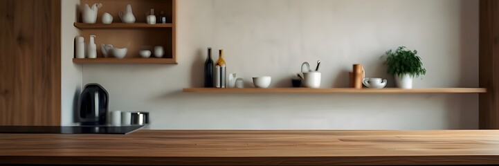 A kitchen podium background featuring a food product stand, table pedestal, and display wooden platform. The empty podium and counter, with a wood background, serve as a kitchen board, desk, or restau