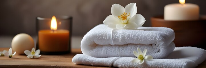 Spa background towel bathroom, massage candle bath. Bathroom white wellness spa background towel relax aromatherapy flower accessory zen therapy aroma beauty setting table salt oil