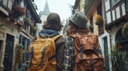 Fototapeta premium Two individuals stroll along a street, each bearing a backpack A towering clock tower looms in the background