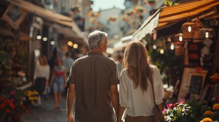  A man and woman walk down a street, passing by a market brimming with flowers lining the roadside