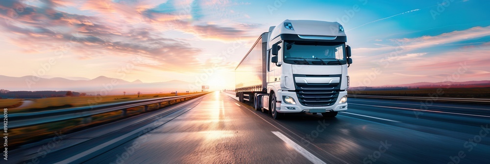 Aufkleber a white semi-truck drives down a highway towards the setting sun. the sky is a mix of blue and pink 