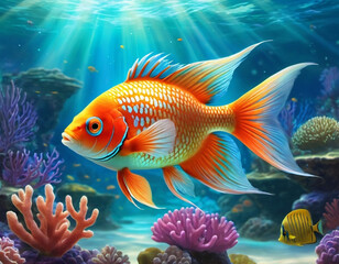 Fototapeta premium Vibrant orange white yellow blue red reef fish swim through coral reef. Sun rays pierce sea water. Variety of animal. Ecology hydrosphere. Anthropogenic factor influencing death of coral reefs. AI