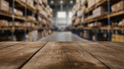 close up of empty wooden table with blurred warehouse storage with shelves background