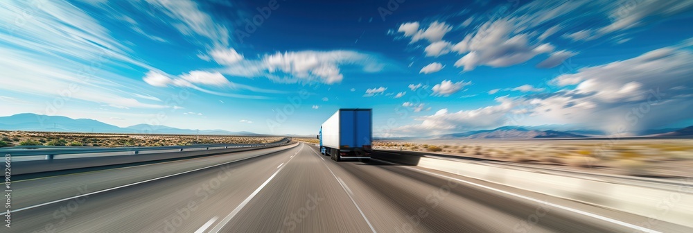 Aufkleber a white semi-truck with a blue trailer drives on a highway with an open horizon and a blue sky with 