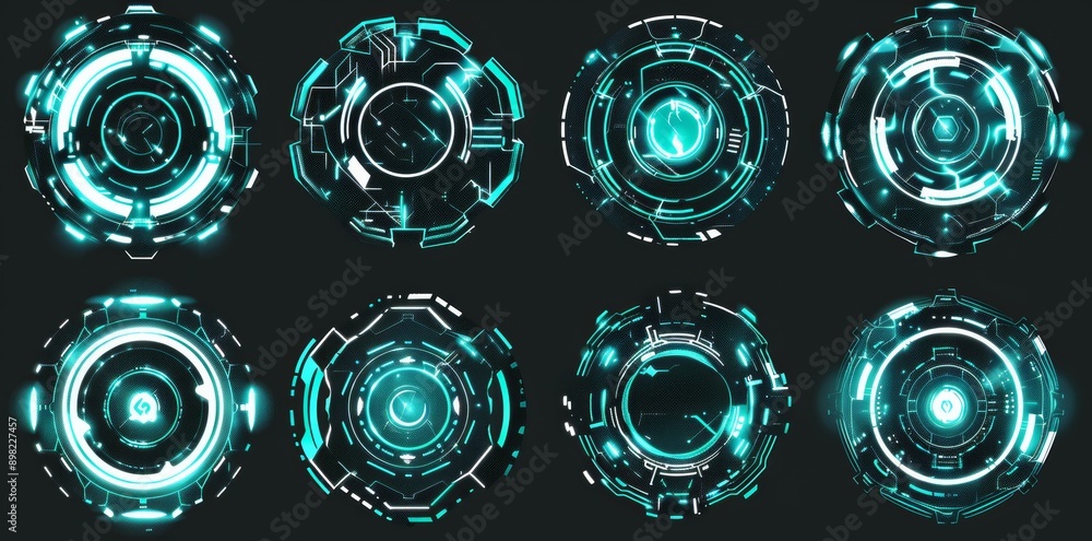 Poster the vision of a futuristic hud with round and circular elements alongside an aim control panel. this