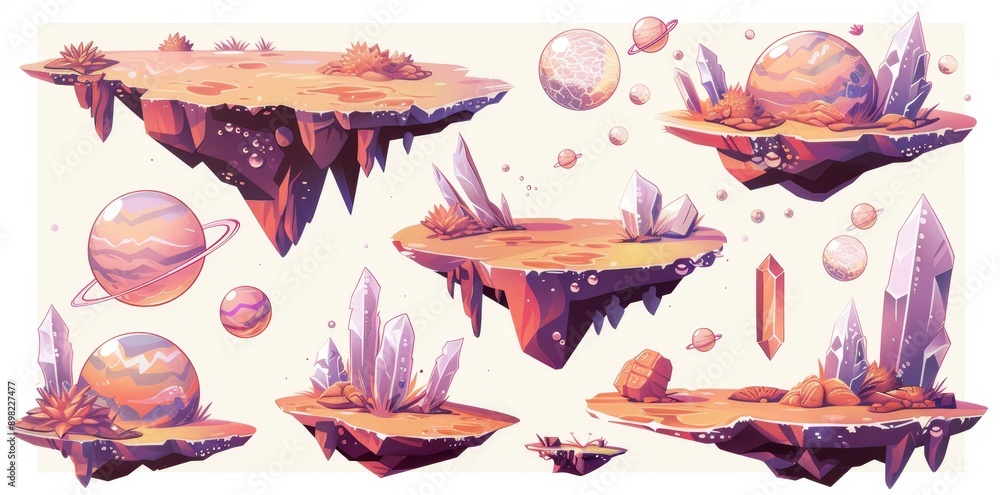 Poster a space game platform with cartoon arcade elements, a spaceship, flying rocks, and alien planets wit