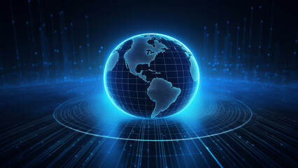Obraz premium Abstract illustration of 3D rendering digital global world connected network in the blue background representing business, trading, globalization, internet, communication, telecommunication 