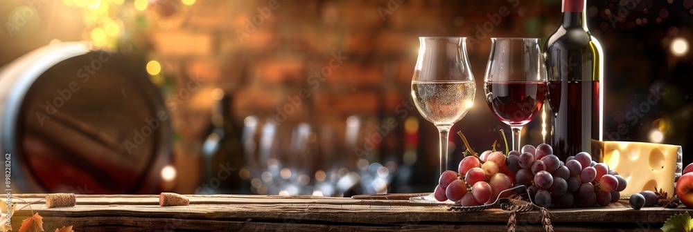 Aufkleber a wooden table with a wine bottle, two glasses of wine, grapes, and a block of cheese in a rustic wi