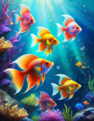 Vibrant orange white yellow blue red reef fish swim through coral reef. Sun rays pierce sea water. Variety of animal. Ecology hydrosphere. Anthropogenic factor influencing death of coral reefs. AI