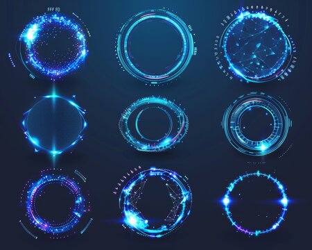 Futuristic user interface of sci-fi game head-up display with hologram circles for target search scope and radar scanner.