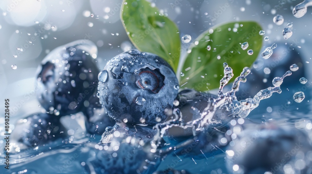 Poster Fresh blueberries with water splashes in high detail. A close-up shows the juicy berries and greenery with water droplets. Perfect for food and drink promotion. Bright and vibrant style. AI