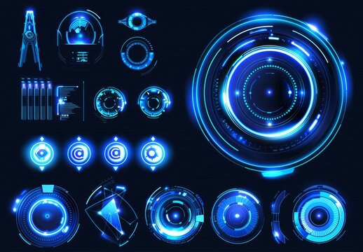 HUD dashboard with futuristic circle display. Constant crosshair aiming, round target frames, neon glowing gui elements, radars and sonars. - Powered by Adobe