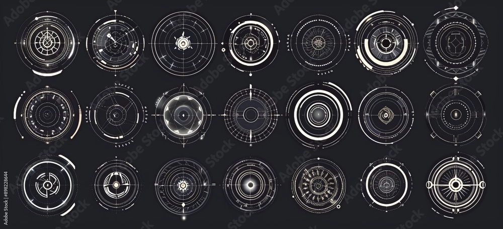 Poster modern sniper scope aiming system. military technology optical aim with target and various indicator