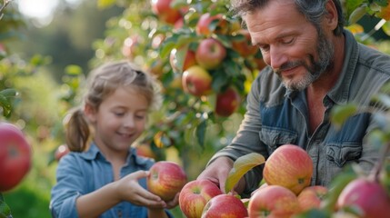  A man and a child pick apples from a tree against an backdrop of laden apple branches