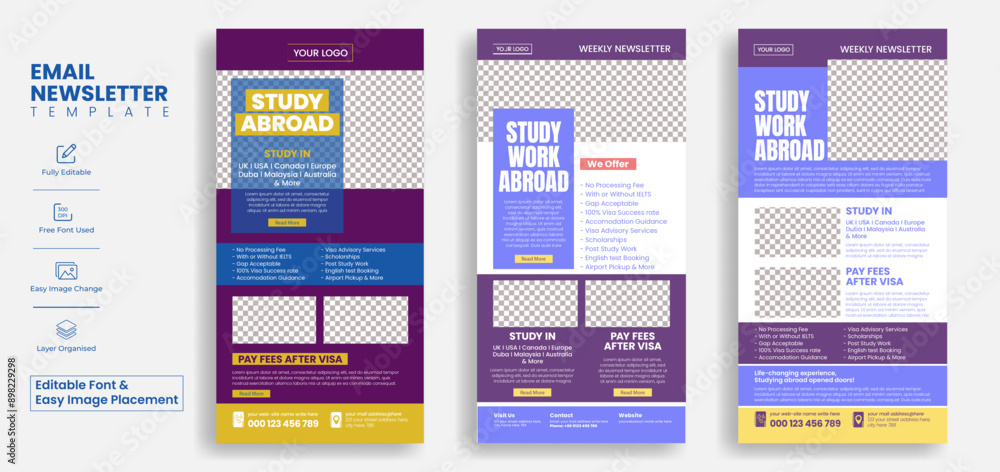 Canvas Prints set of editable email newsletter template for education, study abroad and online learning website ui