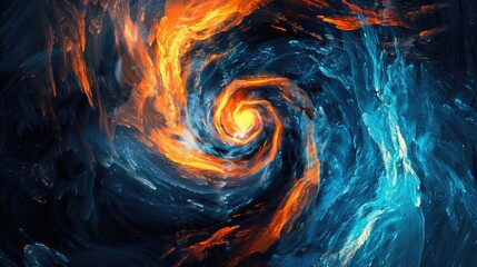 Abstract Art Piece with Swirls of Blue Orange Black Paint