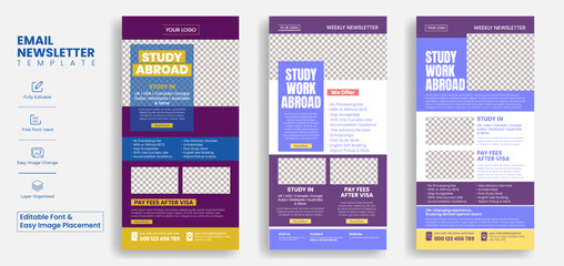 Set of editable email newsletter template for Education, study abroad and online learning website UI interface or header template suitable online school admission website landing page design bundle