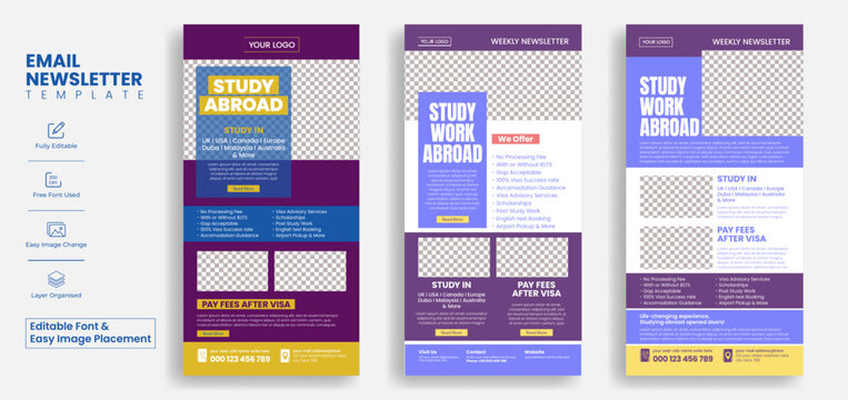 Set of editable email newsletter template for Education, study abroad and online learning website UI interface or header template suitable online school admission website landing page design bundle