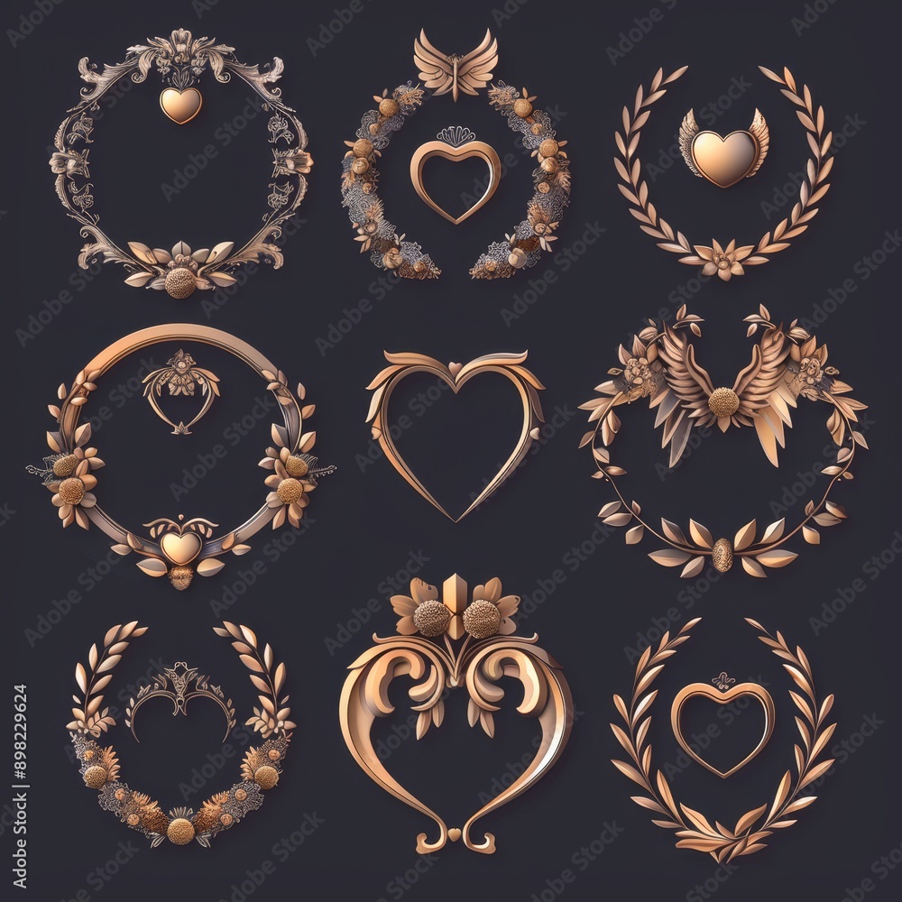 Poster ui design for a fantasy game element collection with round frames, leaves, and gems. modern illustra