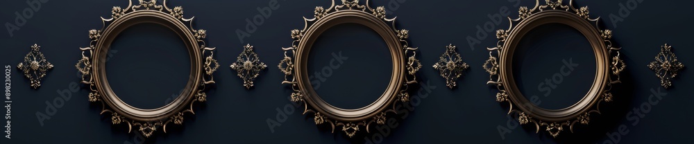 Poster a set of empty golden circular frames in medieval style for game user interface design. isolated on 