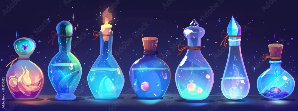 Poster a set of modern icons, witch poison gui or ui assets, alchemist apothecary vials, magic potion bottl