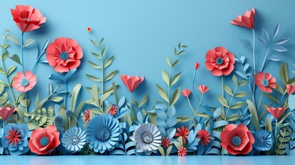  A blue background with red and blue flowers on the left, and green leaves on the right