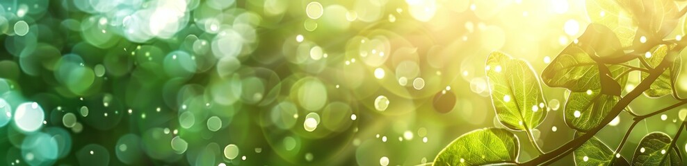 Fototapeta premium Abstract blurred green background with sun rays and flying bubbles creating a fresh and vibrant scene. Generative ai