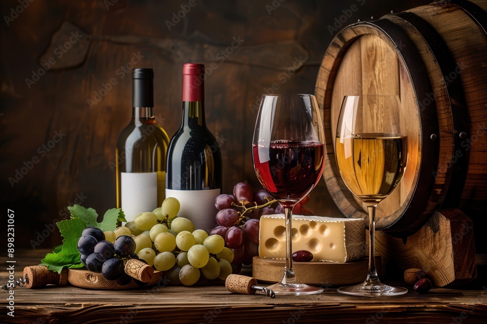 Poster wine glasses filled with red and white wine, bottles of wine, and a block of cheese sit on a wooden 