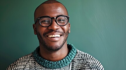 Fototapeta premium A happy man smiling, wearing glasses and a sweater