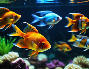 Fototapeta premium Colorful fish swim gracefully in a well-lit aquarium. The tank is decorated with coral, plants, and gravel, creating a vibrant underwater scene. Undersea world. Aquariums as a hobby. AI generated