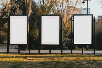 Three blank white A2 posters outdoors blackboard bus stop.