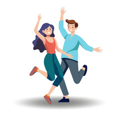 A guy and a girl are dancing in delight with their hands in the air. Simple vector illustration of people in cartoon style on a white background.