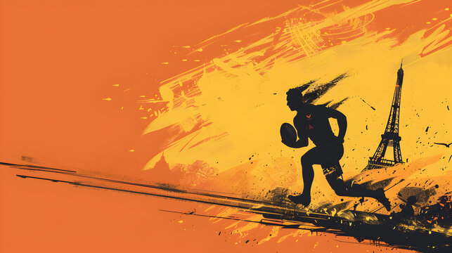 Rugby Sevens: A minimalistic illustration of a player sprinting with the ball with the Eiffel Tower in the background on an orange background.
