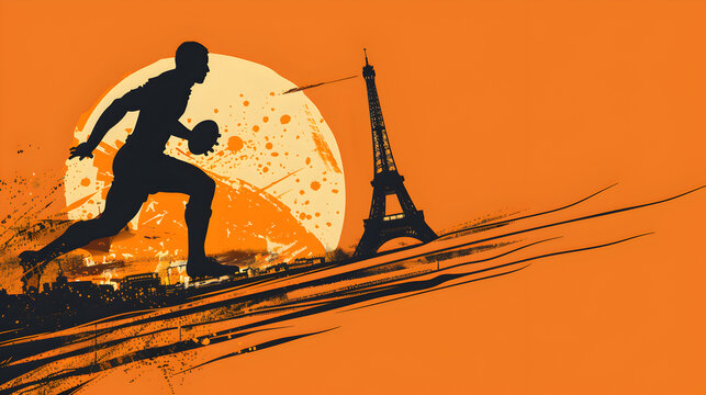 Rugby Sevens: A minimalistic illustration of a player sprinting with the ball with the Eiffel Tower in the background on an orange background.
- Powered by Adobe