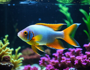 Naklejka premium Colorful fish swim gracefully in a well-lit aquarium. The tank is decorated with coral, plants, and gravel, creating a vibrant underwater scene. Undersea world. Aquariums as a hobby. AI generated