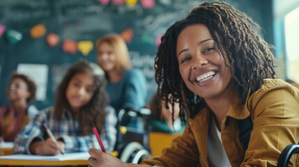 Fototapeta premium A female student sitting at a desk in a classroom, smiling