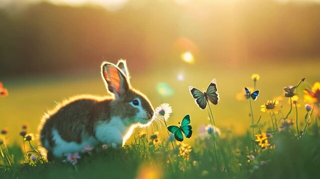 A rabbit hopping through a spring meadow, with colorful flowers and butterflies around.