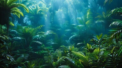 Fototapeta premium A forest teeming with numerous green plants, trees bearing branches bathed in abundant sunlight